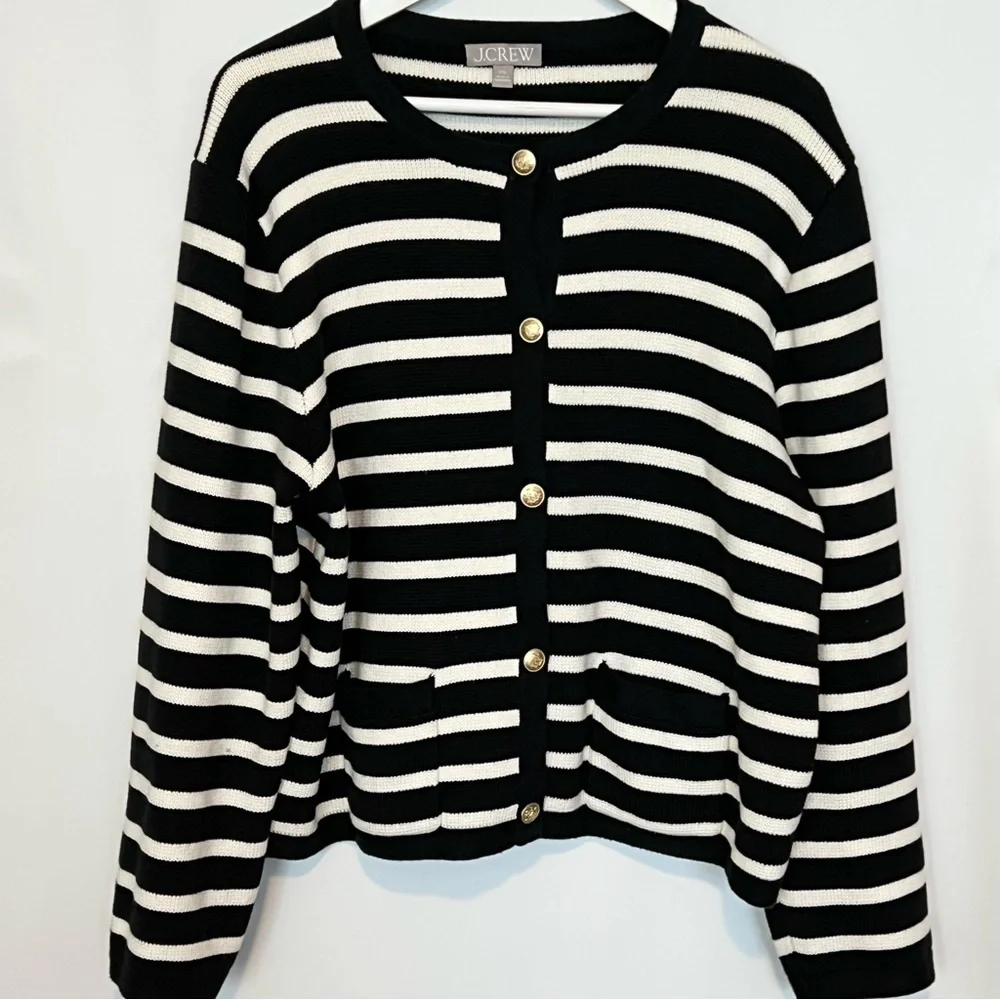 J.Crew Emilie Sweater Lady Jacket XXL Black Ivory Stripe Gold Button